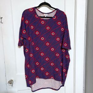 LuLaRoe Women's Irma Tunic T-Shirt Blue Red Feather Eye Print Sz Large High Low